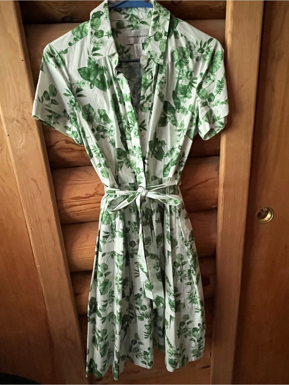 Donna Morgan White Midi Shirt Dress with Green Leaf Print and Tie Waist